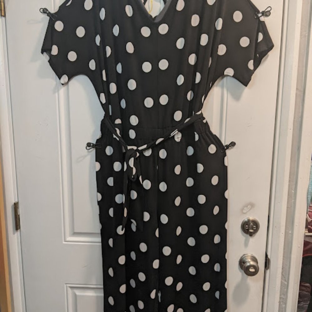 Womens 2x Short Sleeve Elastic Waist Keyhole Neck Wide Leg Jumpsuit - Polka Dot